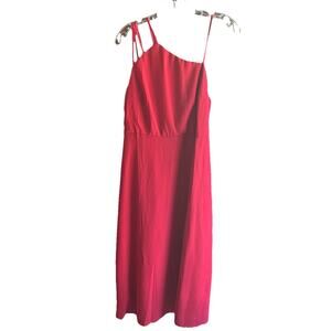 Red Asymmetrical Strapy Dress Women's Size Large Lined Side Slits‎ Midi NWOT